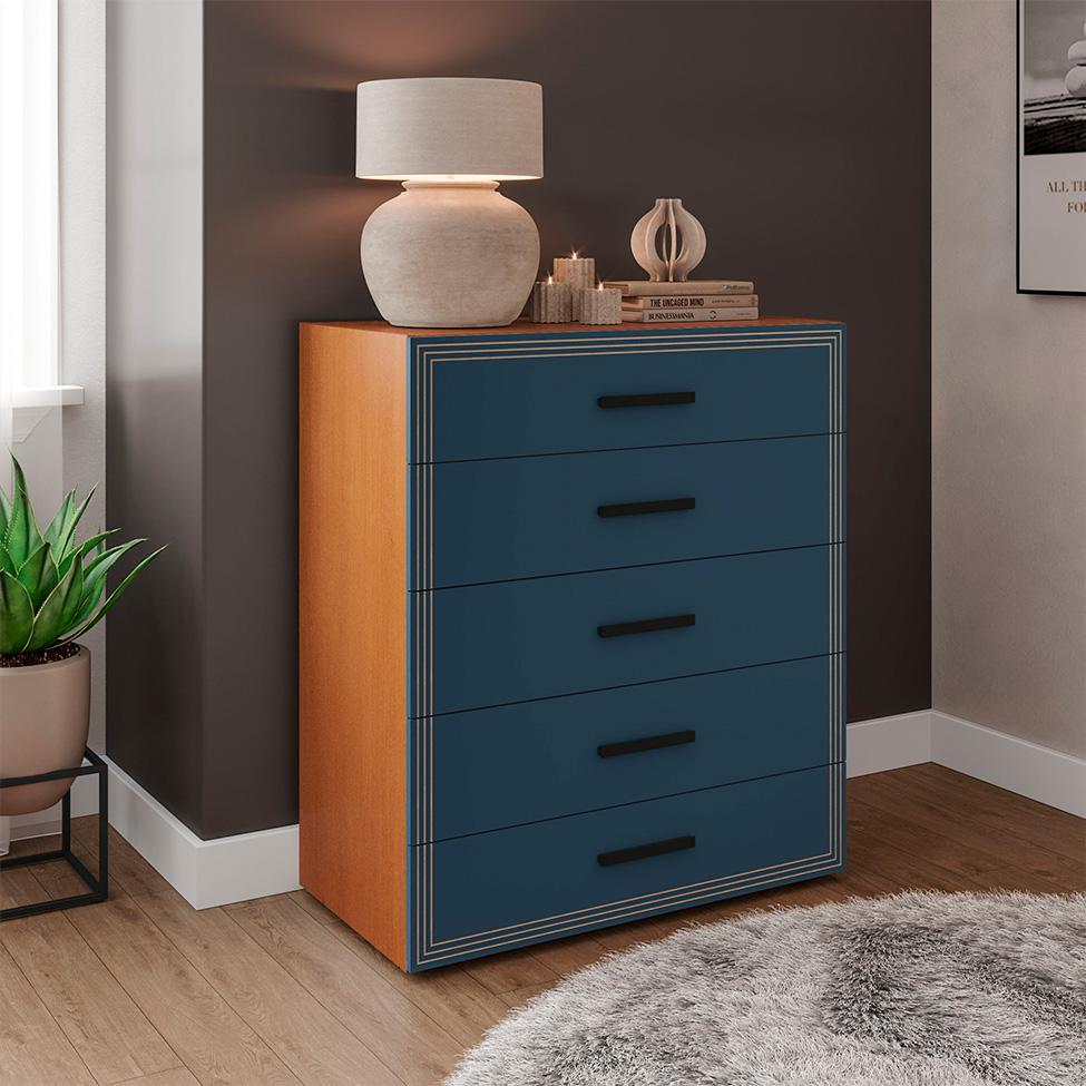 Cômoda Valência 5 Gavetas Azul e Freijó - 4