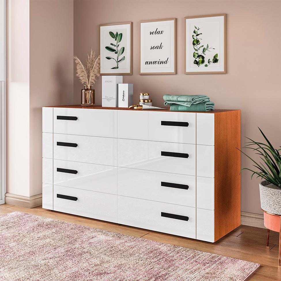 Cômoda Lisboa 8 Gavetas Branca e Freijó - 4