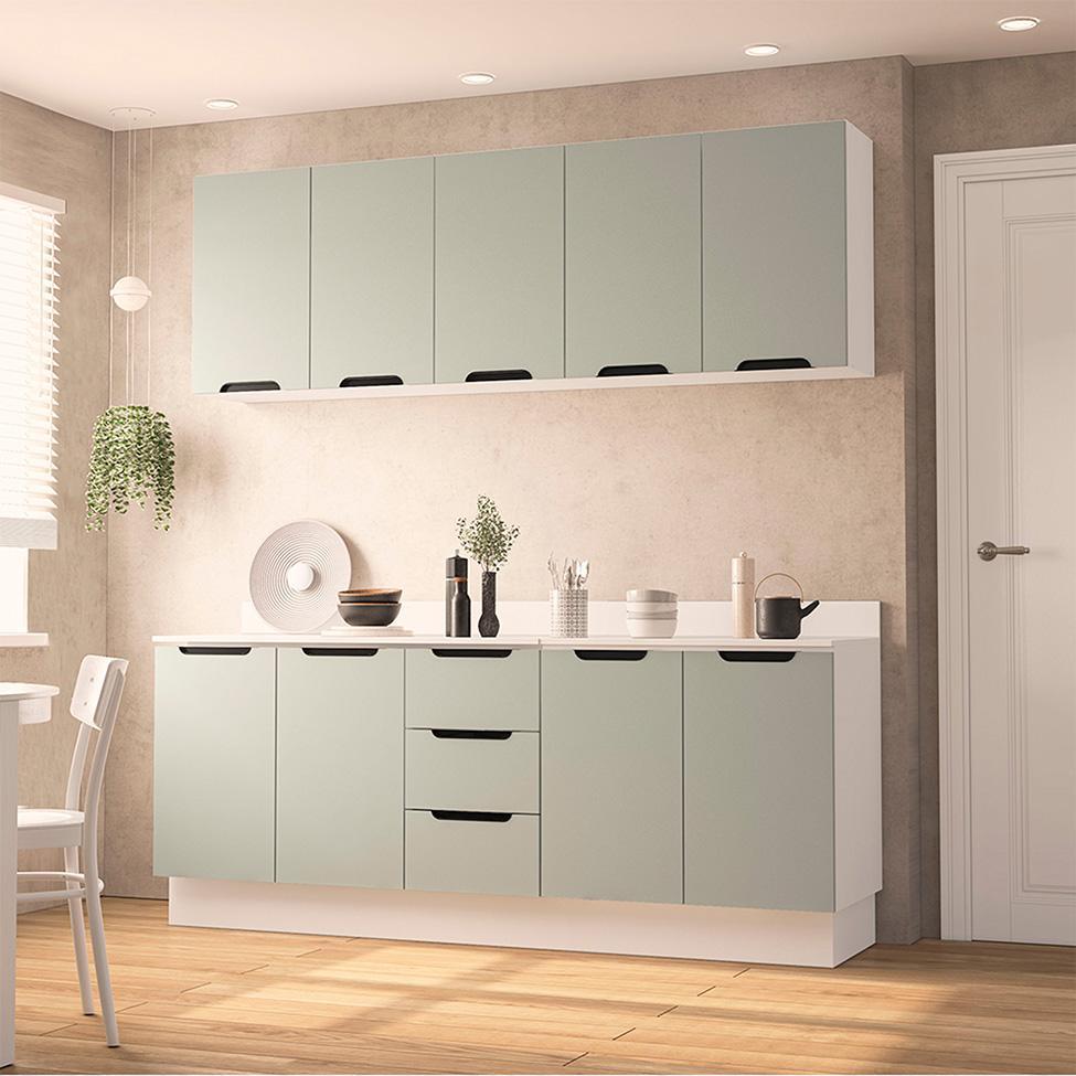 Cozinha Completa com Tampo e Rodapé Meena 9 Portas 3 Gavetas Verde e Branca - 1