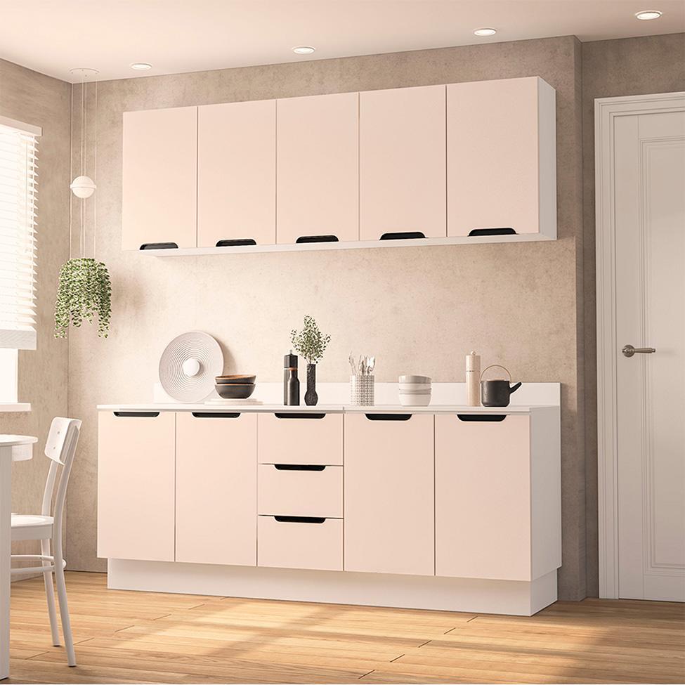 Cozinha Completa com Tampo e Rodapé Meena 9 Portas 3 Gavetas Creme e Branca - 1