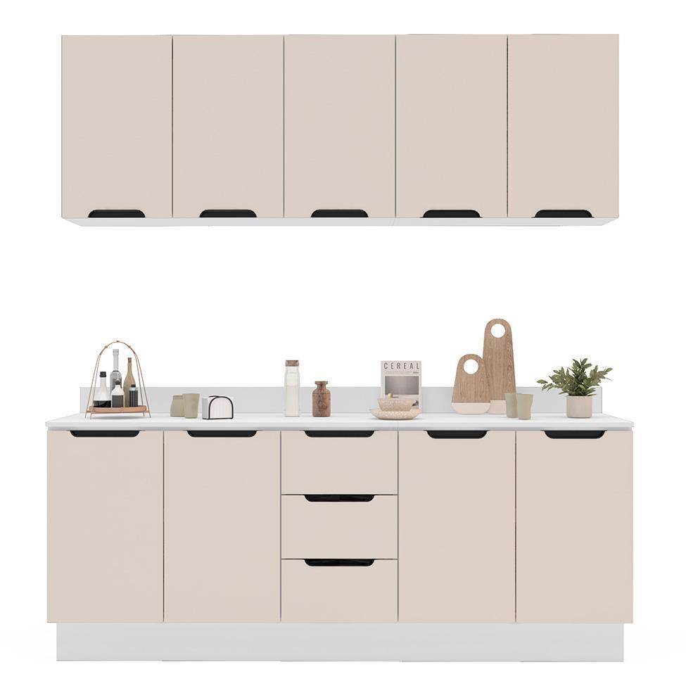 Cozinha Completa com Tampo e Rodapé Meena 9 Portas 3 Gavetas Creme e Branca - 6