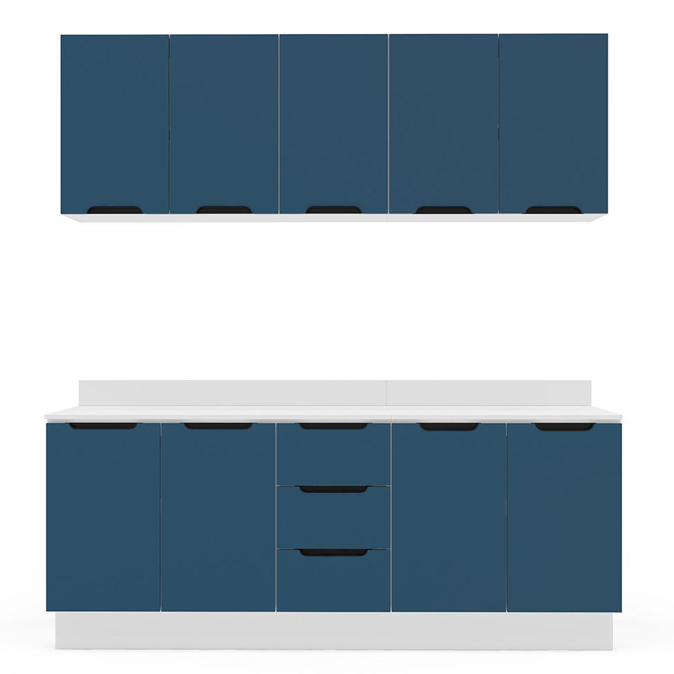 Cozinha Completa com Tampo e Rodapé Meena 9 Portas 3 Gavetas Azul e Branca - 5
