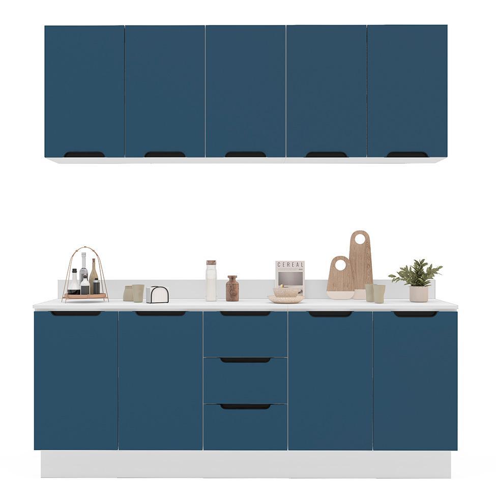 Cozinha Completa com Tampo e Rodapé Meena 9 Portas 3 Gavetas Azul e Branca - 6