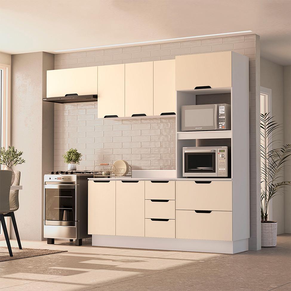 Cozinha Completa com Tampo e Rodapé Meena 8 Portas 4 Gavetas Bege e Branca - 1