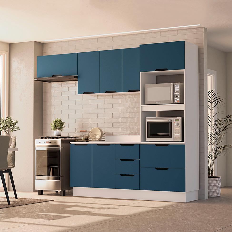 Cozinha Completa com Tampo e Rodapé Meena 7 Portas 5 Gavetas Azul e Branca - 1