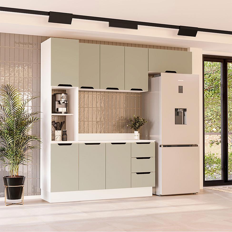 Cozinha Completa com Tampo e Rodapé Meena 8 Portas 3 Gavetas Verde e Branca - 1