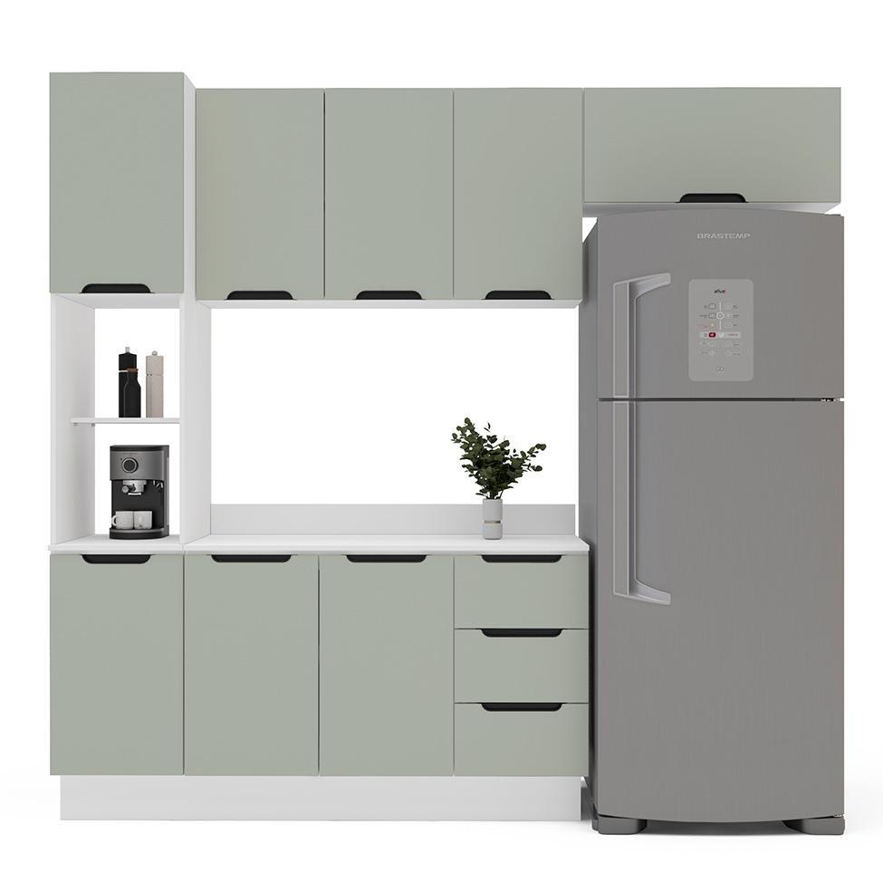Cozinha Completa com Tampo e Rodapé Meena 8 Portas 3 Gavetas Verde e Branca - 6