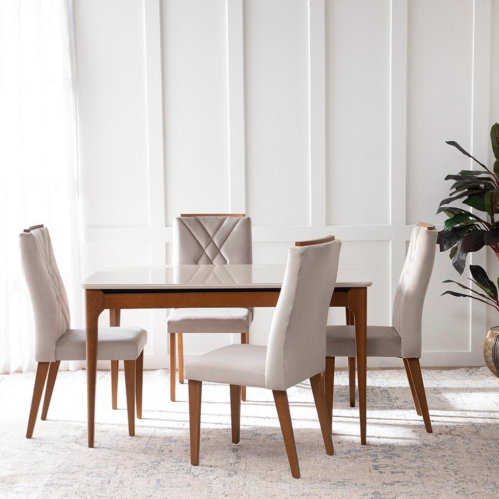 Mesa de Jantar Retangular com Tampo de Vidro Off White Addar Natural 135 cm - 4