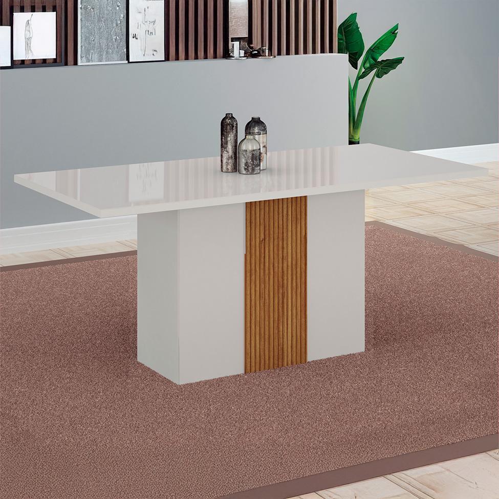 Mesa de Jantar Retangular com Tampo de Vidro Doha 100% MDF Off White e Amadeirado 160 cm - 2