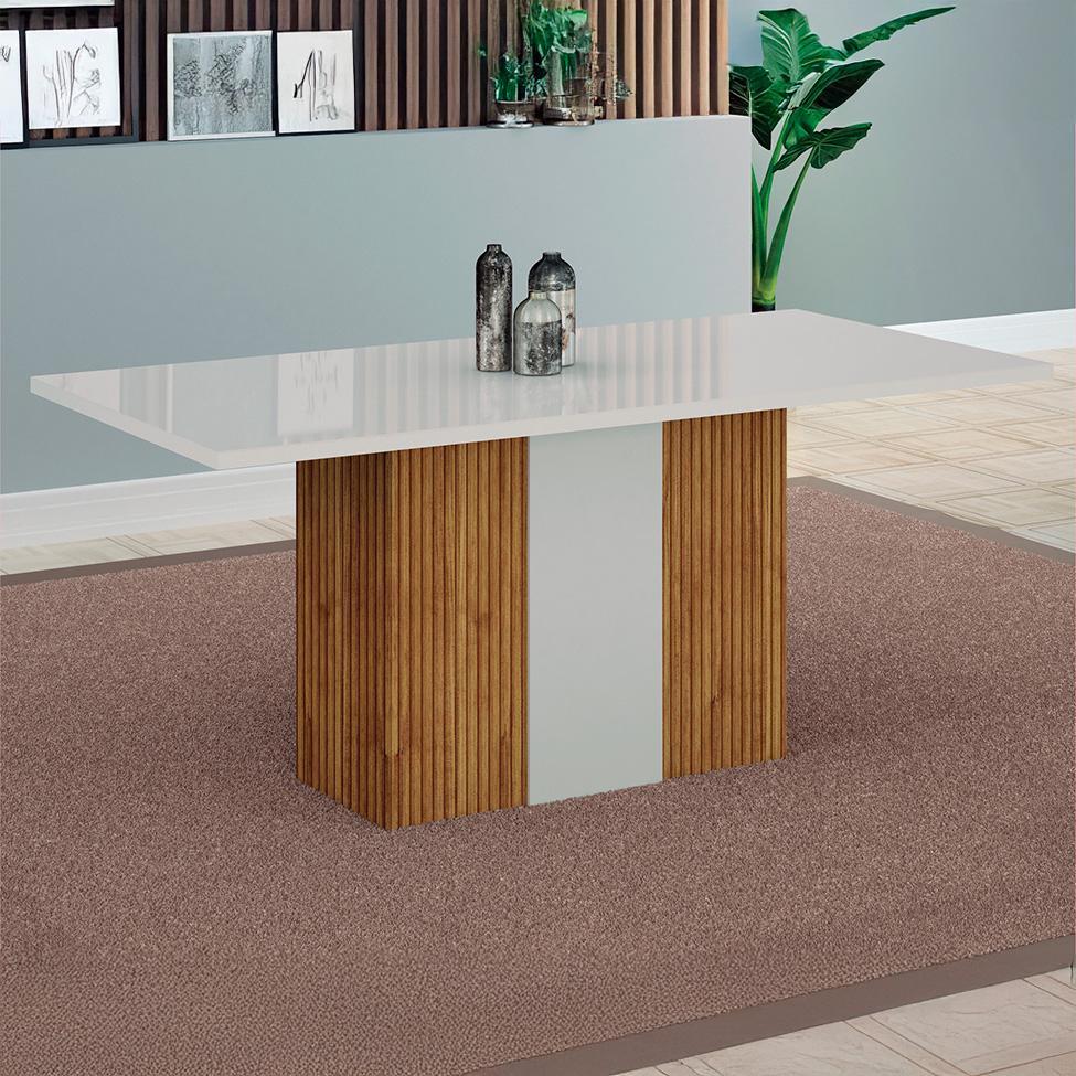 Mesa de Jantar Retangular com Tampo de Vidro Doha 100% MDF Off White e Freijó 160 cm - 2
