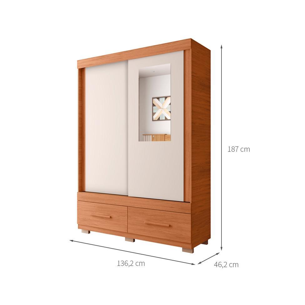 Guarda-Roupa Solteiro com Espelho Sereno 2 Portas 2 Gavetas Freijó e Off White - 3