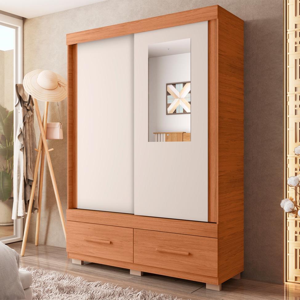 Guarda-Roupa Solteiro com Espelho Sereno 2 Portas 2 Gavetas Freijó e Off White - 4