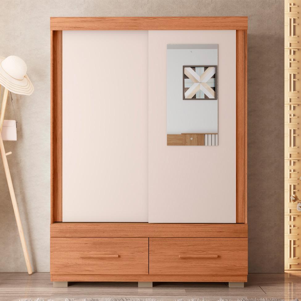 Guarda-Roupa Solteiro com Espelho Sereno 2 Portas 2 Gavetas Freijó e Off White - 5