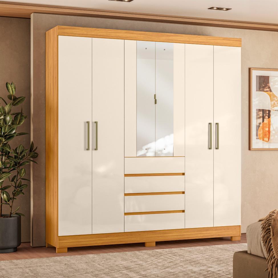 Guarda-Roupa Casal com Espelho Ópera 6 Portas 4 Gavetas Cinamomo e Off White - 4