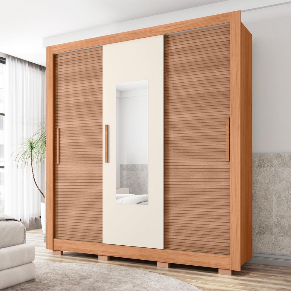 Guarda-Roupa Casal com Espelho Chile 3 Portas 2 Gavetas Freijó e Off White - 4