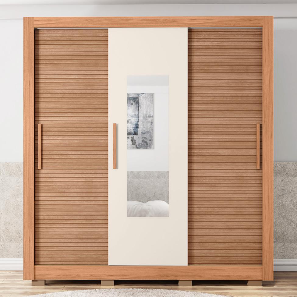 Guarda-Roupa Casal com Espelho Chile 3 Portas 2 Gavetas Freijó e Off White - 6