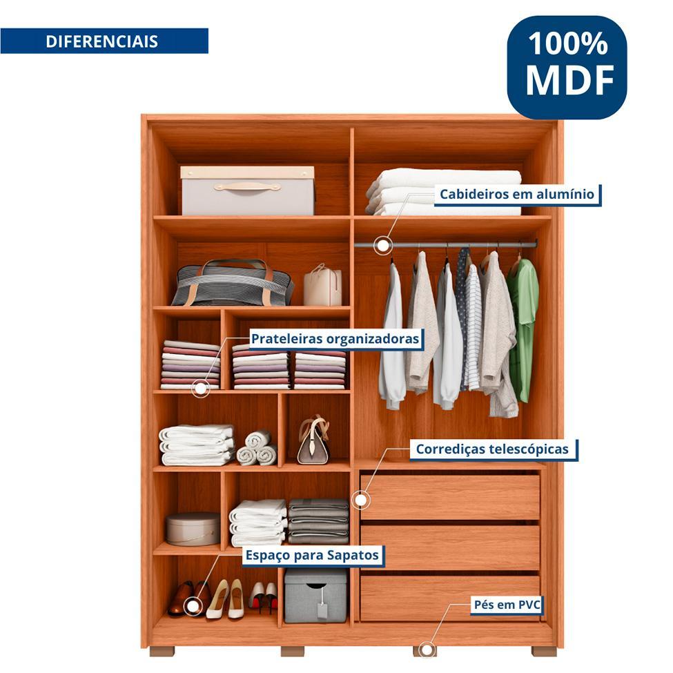 Guarda-Roupa Solteiro New Apollo Ripado 4 Portas 3 Gavetas Freijó e Off White - 2