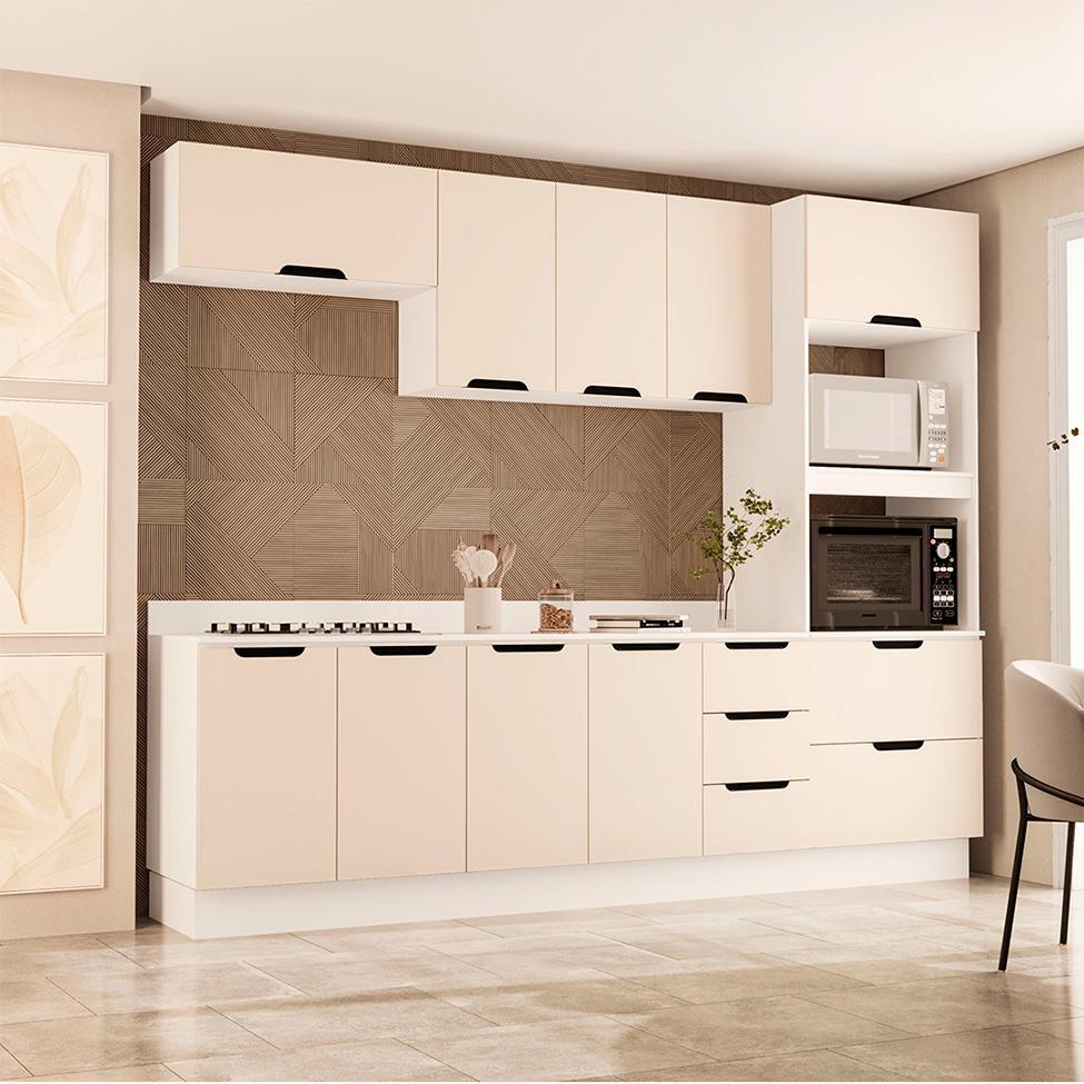 Cozinha Completa com Tampo e Rodapé Meena 10 Portas 4 Gavetas Creme e Branca - 1