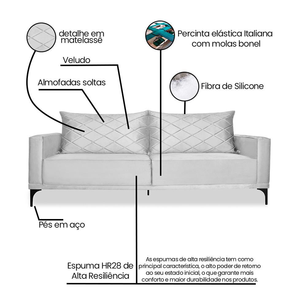 Sofá 3 Lugares Eros Veludo Prata 180 cm - 8