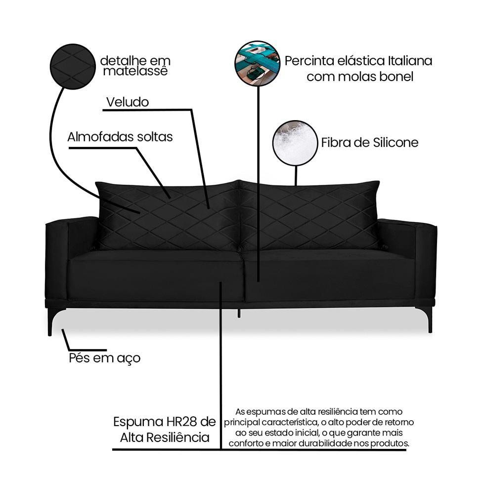 Sofá 3 Lugares Eros Veludo Preto 180 cm - 8