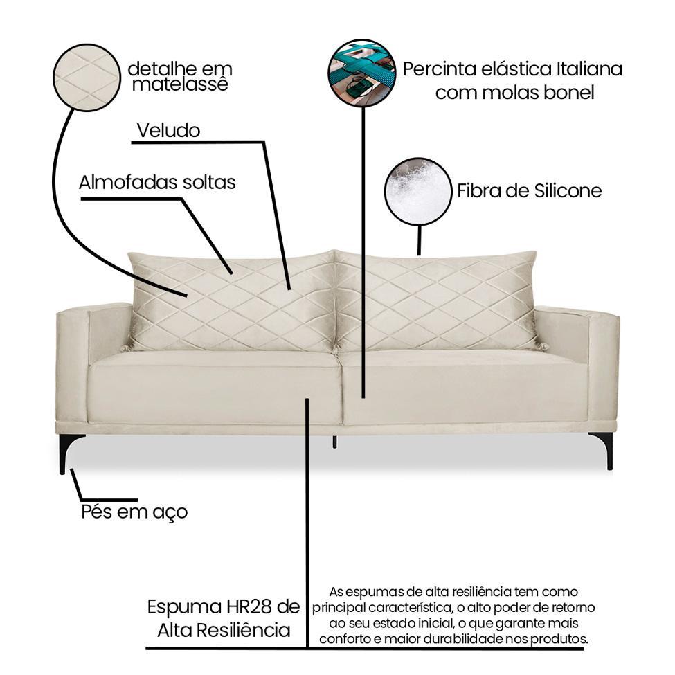 Sofá 3 Lugares Eros Veludo Bege 220 cm - 8