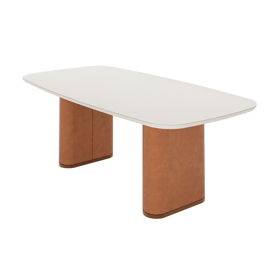 Mesa de Jantar Retangular com Tampo de Vidro Off White Lintz Caramelo e Canela 219 cm - 1
