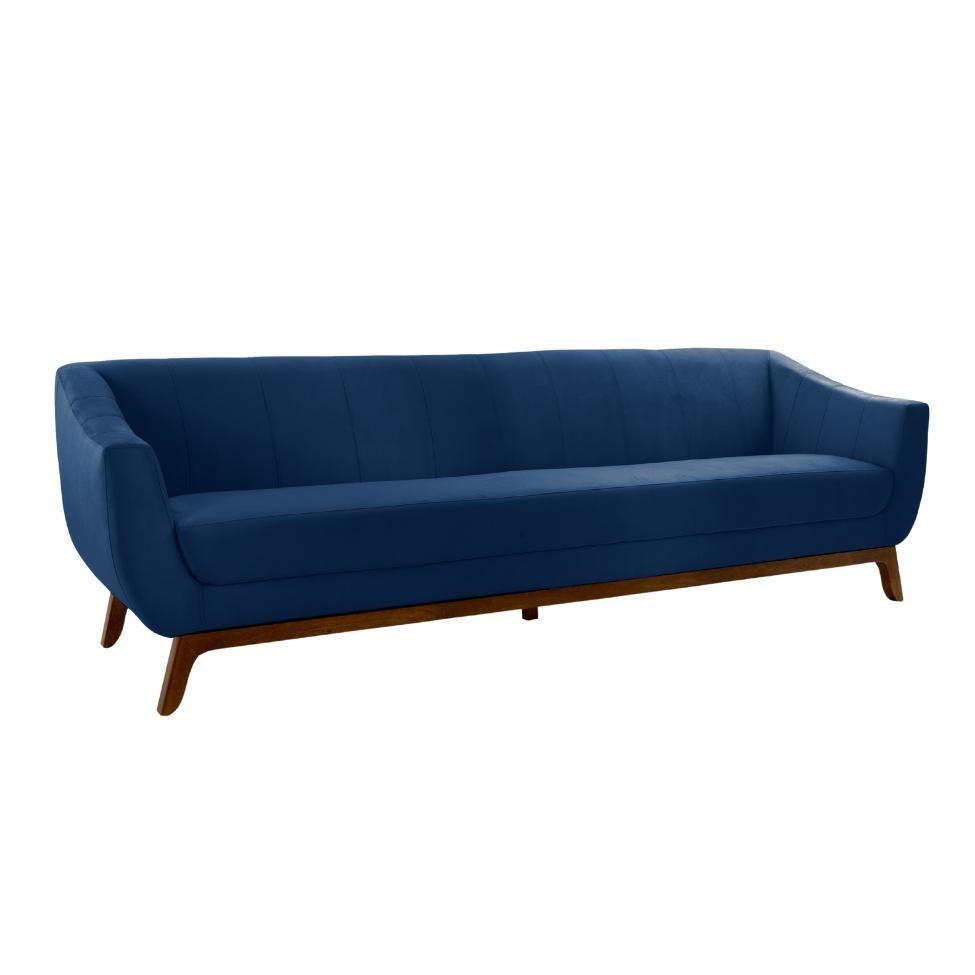 Sofá 3 Lugares Atenas Veludo Azul Marinho e Amadeirado - 1