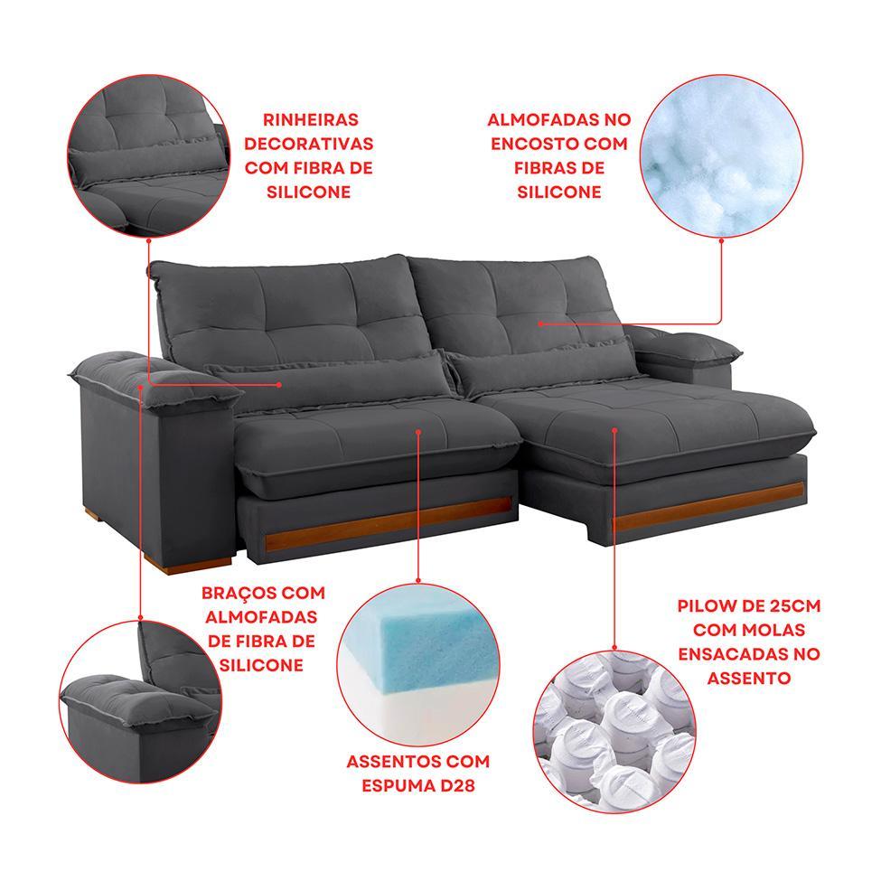 Sofá 3 Lugares Retrátil e Reclinável Qatar Veludo Cinza 220 cm - 7