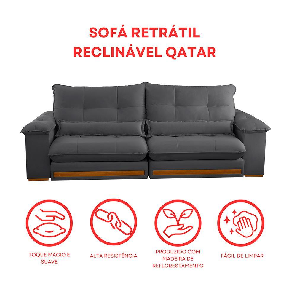 Sofá 3 Lugares Retrátil e Reclinável Qatar Veludo Cinza 220 cm - 8