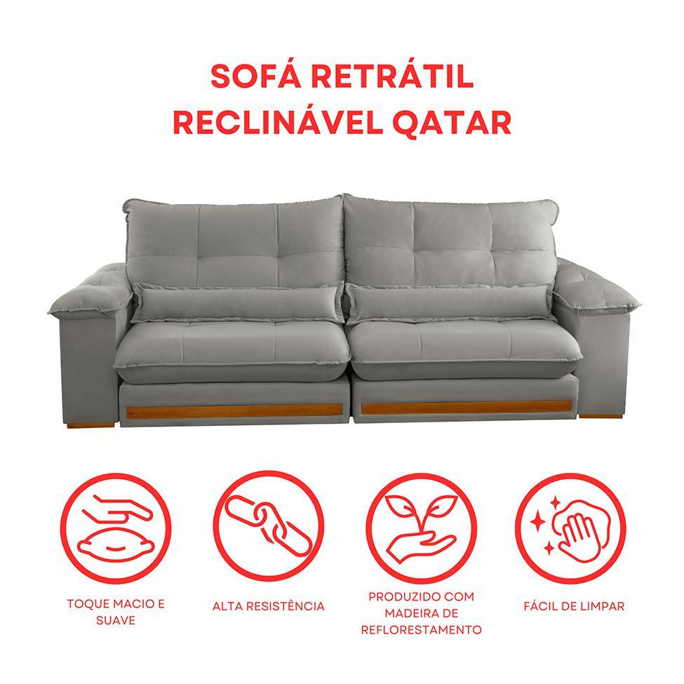 Sofá 3 Lugares Retrátil e Reclinável Qatar Linho Cinza 220 cm - 8