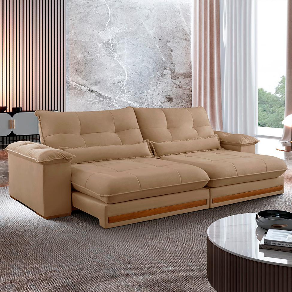 Sofá 3 Lugares Retrátil e Reclinável Qatar Linho Bege 220 cm - 2