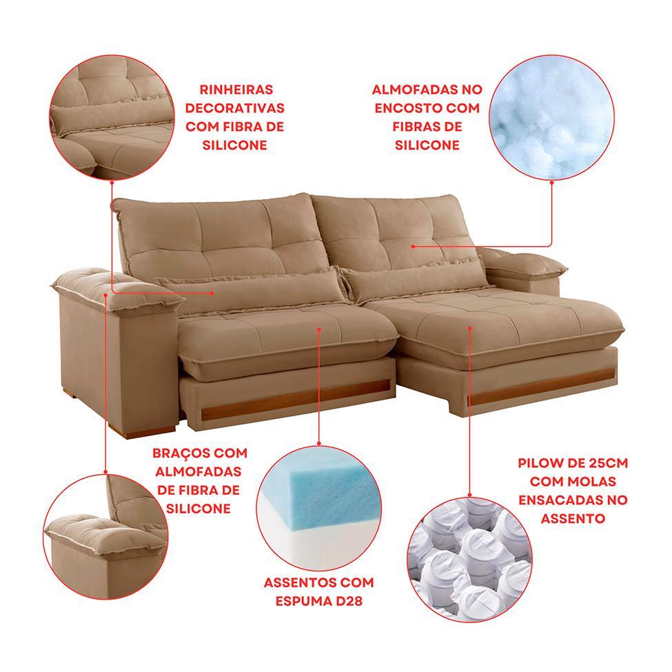 Sofá 3 Lugares Retrátil e Reclinável Qatar Linho Bege 240 cm - 7