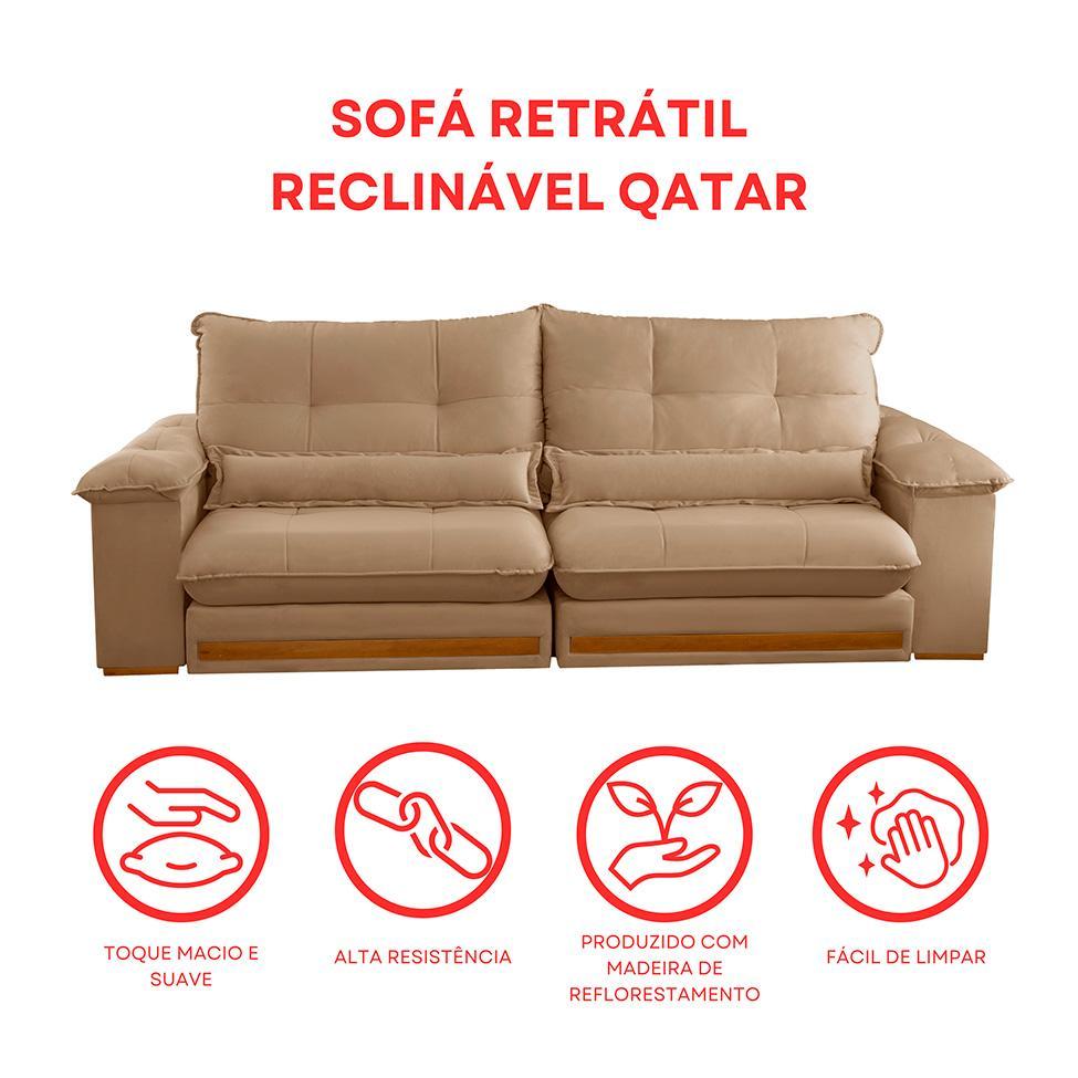 Sofá 3 Lugares Retrátil e Reclinável Qatar Linho Bege 240 cm - 8