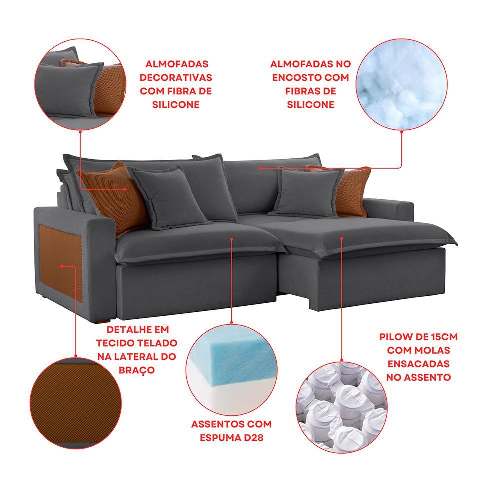 Sofá 3 Lugares Retrátil e Reclinável Dubai Veludo Cinza 230 cm - 7