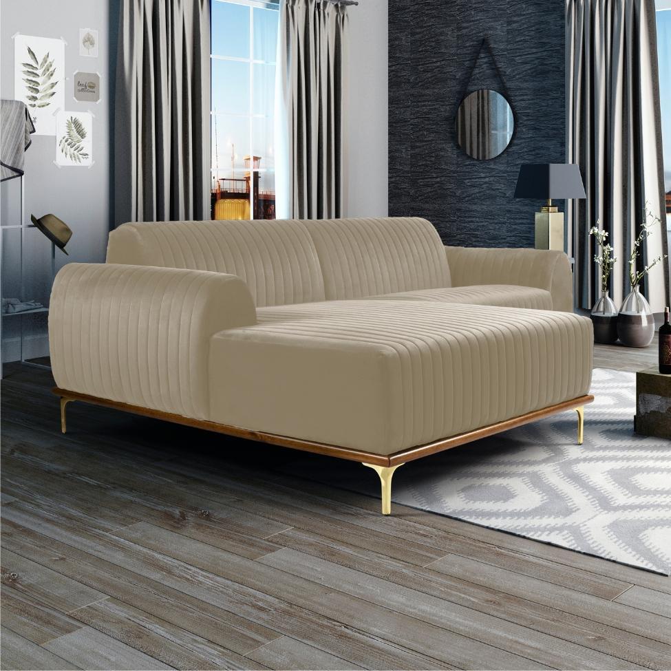 Sofá 3 Lugares Molino com Chaise Esquerdo Veludo Creme e Dourado - 2