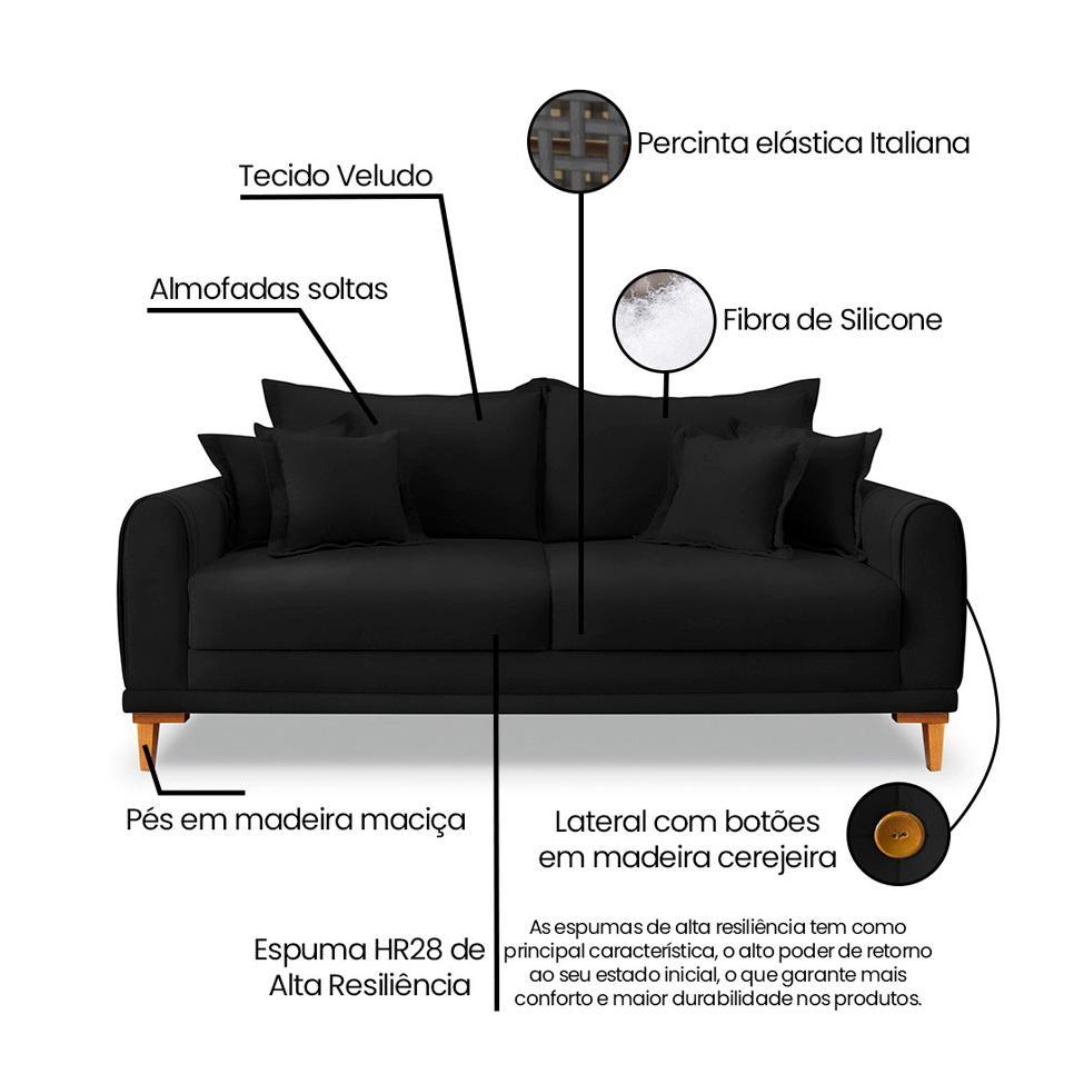 Sofá 3 Lugares Lisboa Veludo Preto 200 cm - 8
