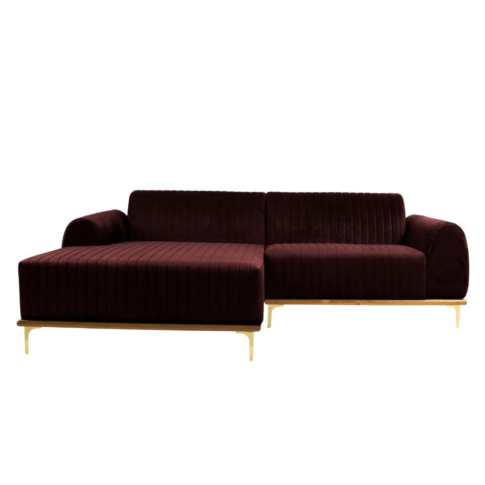 Sofá 3 Lugares Molino com Chaise Esquerdo Veludo Marrom e Dourado - 1