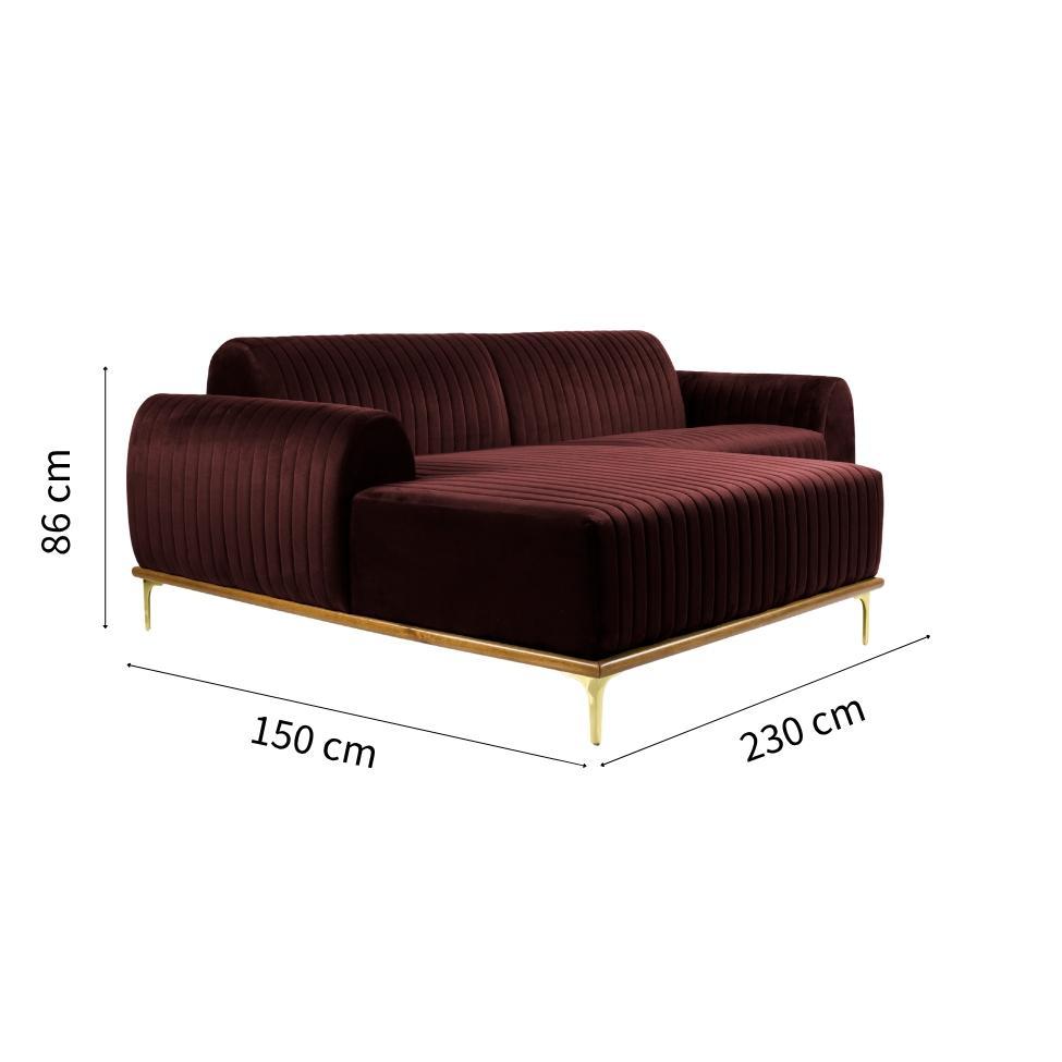 Sofá 3 Lugares Molino com Chaise Esquerdo Veludo Marrom e Dourado - 2