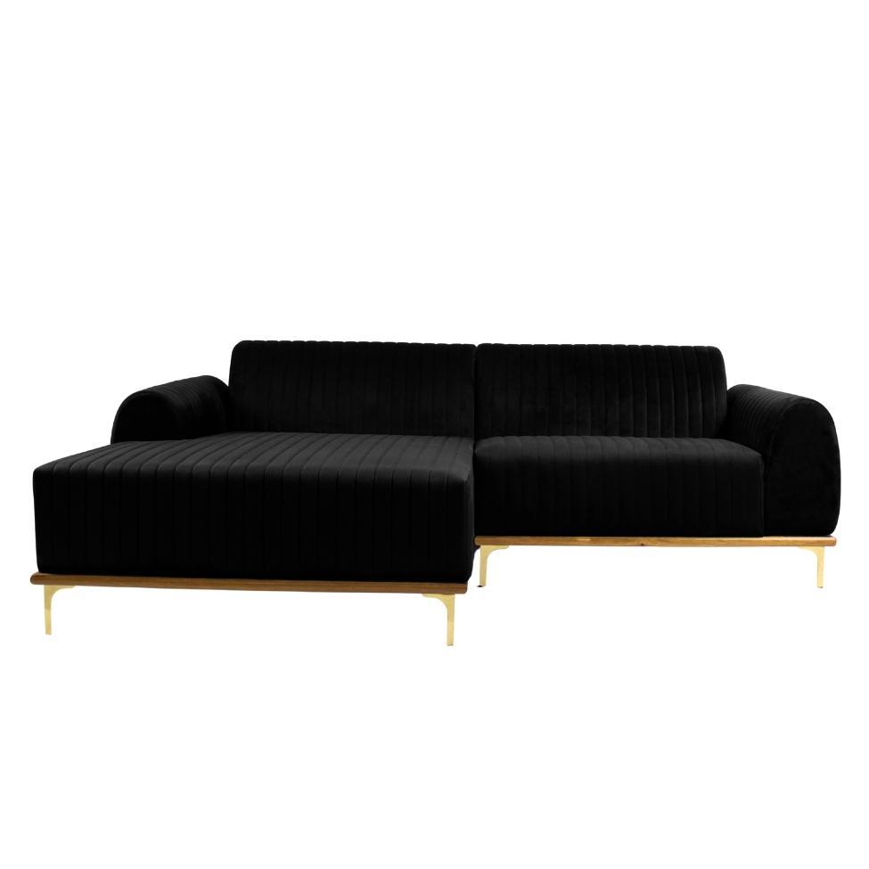 Sofá 3 Lugares Molino com Chaise Esquerdo Veludo Grafite e Dourado - 1