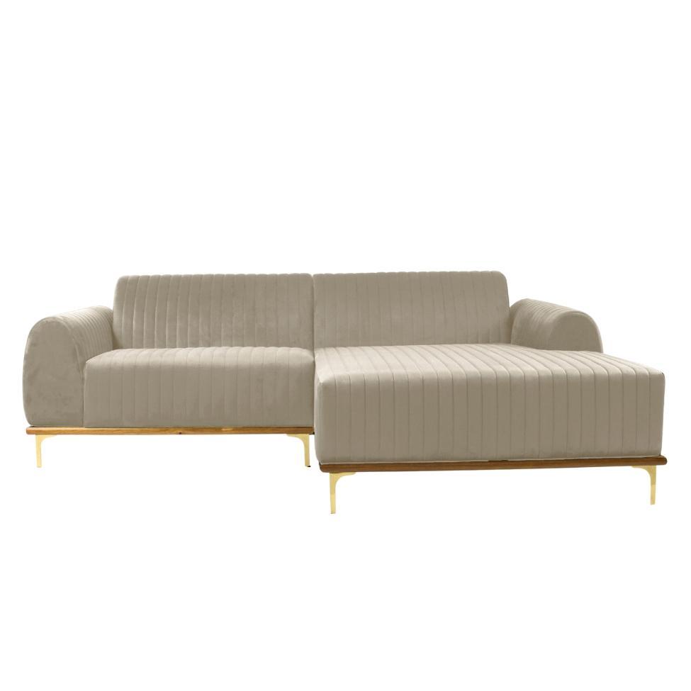 Sofá 3 Lugares Molino com Chaise Direito Veludo Creme e Dourado - 1