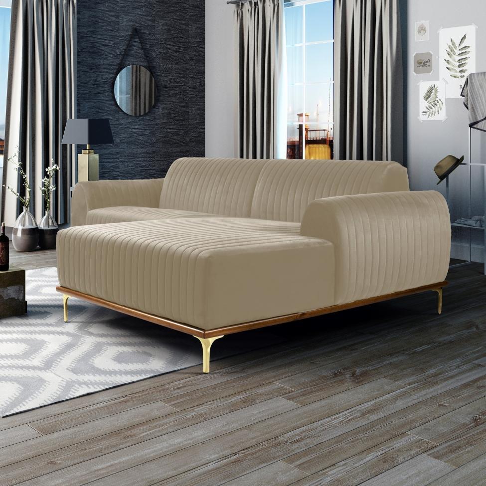 Sofá 3 Lugares Molino com Chaise Direito Veludo Creme e Dourado - 2