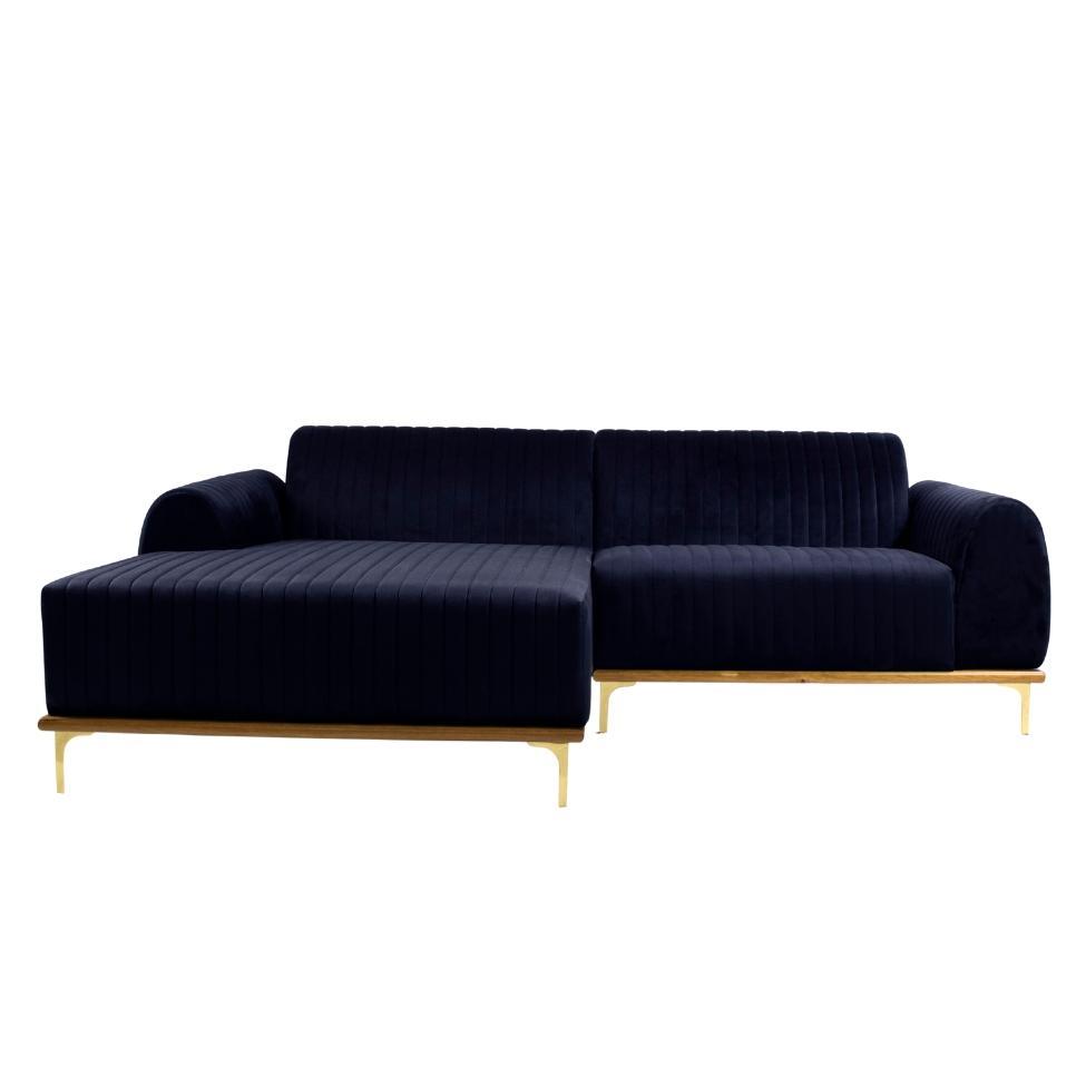 Sofá 3 Lugares Molino com Chaise Esquerdo Veludo Azul Marinho e Dourado - 1