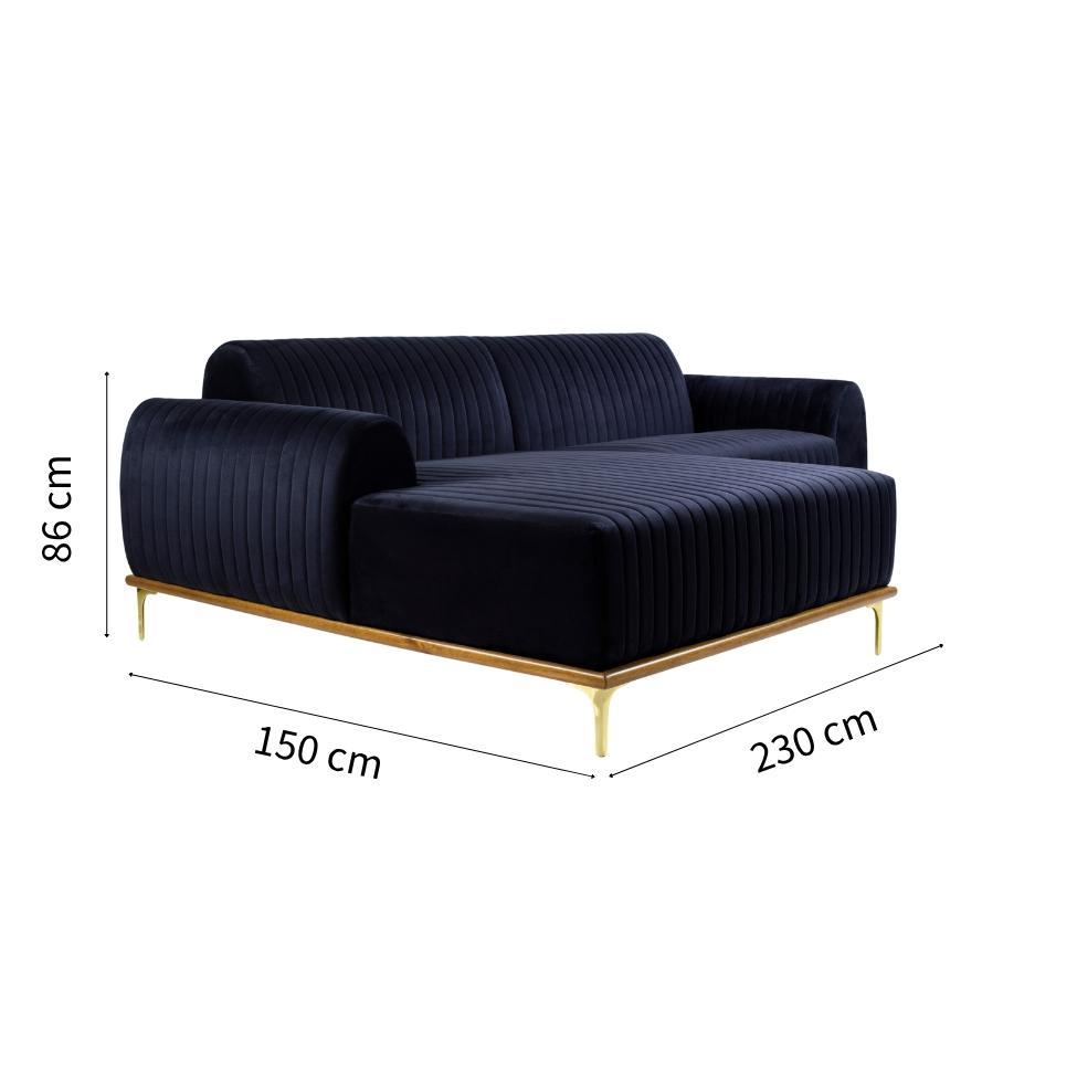 Sofá 3 Lugares Molino com Chaise Esquerdo Veludo Azul Marinho e Dourado - 3