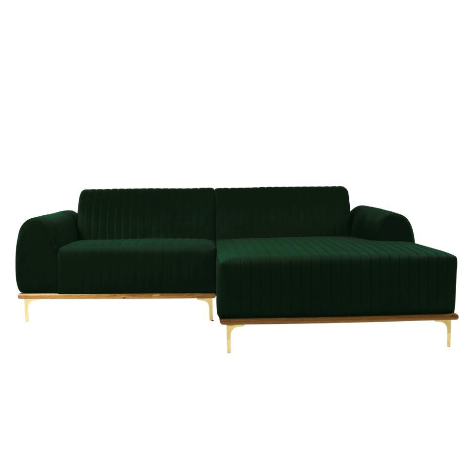 Sofá 3 Lugares Molino com Chaise Direito Veludo Verde e Dourado - 1