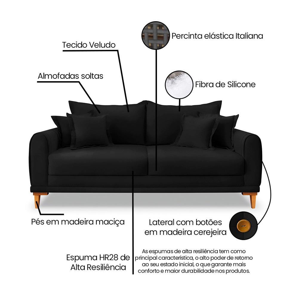 Sofá 3 Lugares Lisboa Veludo Preto 180 cm - 8