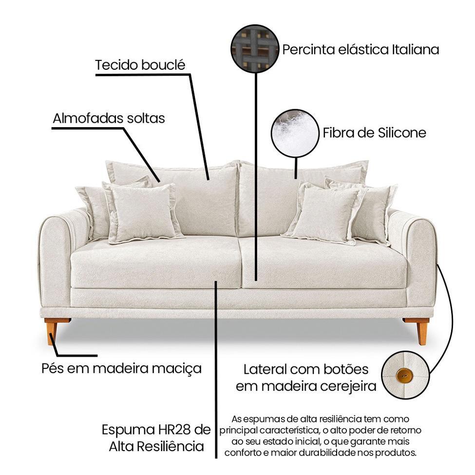 Sofá 3 Lugares Lisboa Bouclé Off White 200 cm - 8