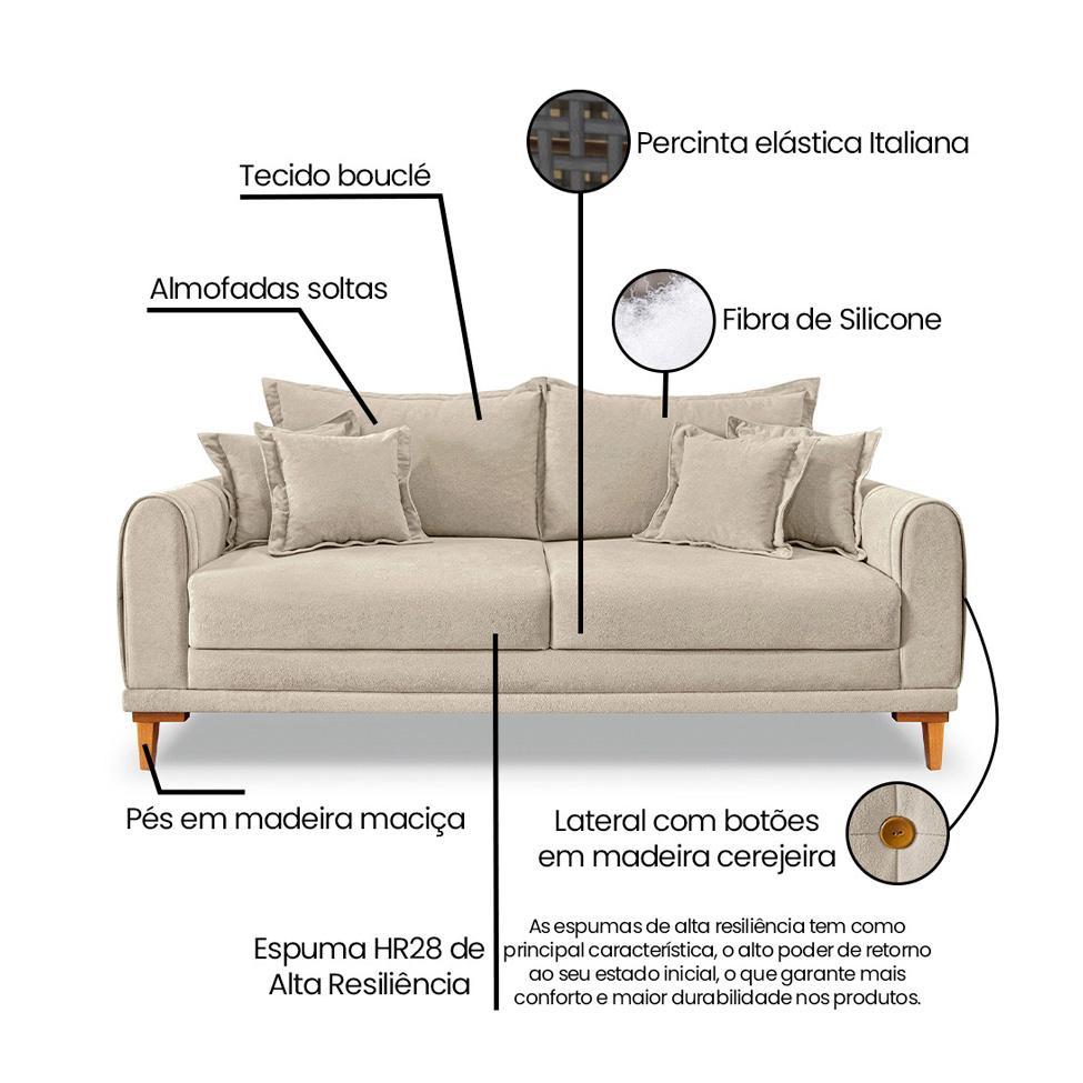 Sofá 3 Lugares Lisboa Bouclé Bege 220 cm - 8