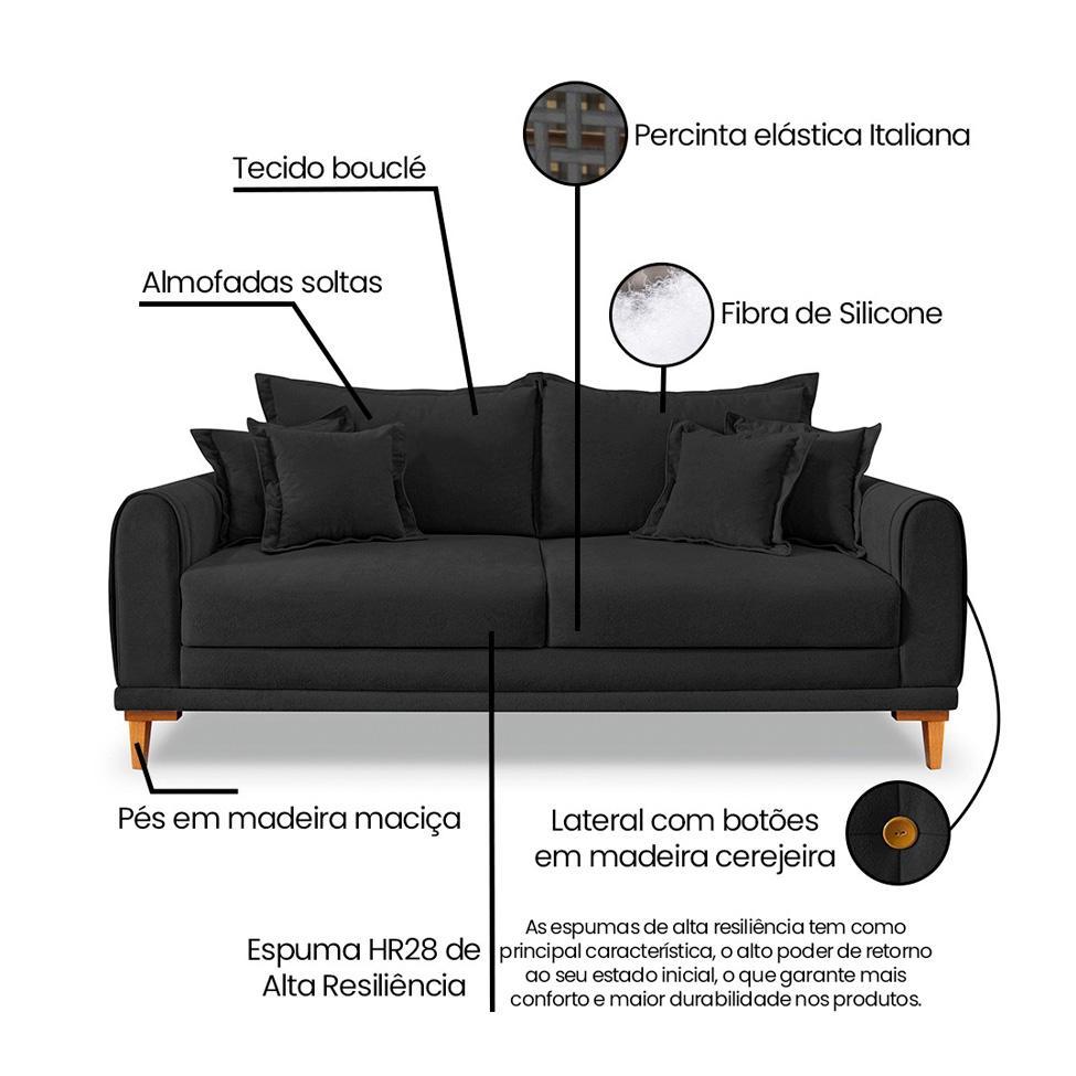 Sofá 3 Lugares Lisboa Bouclé Preto 220 cm - 5