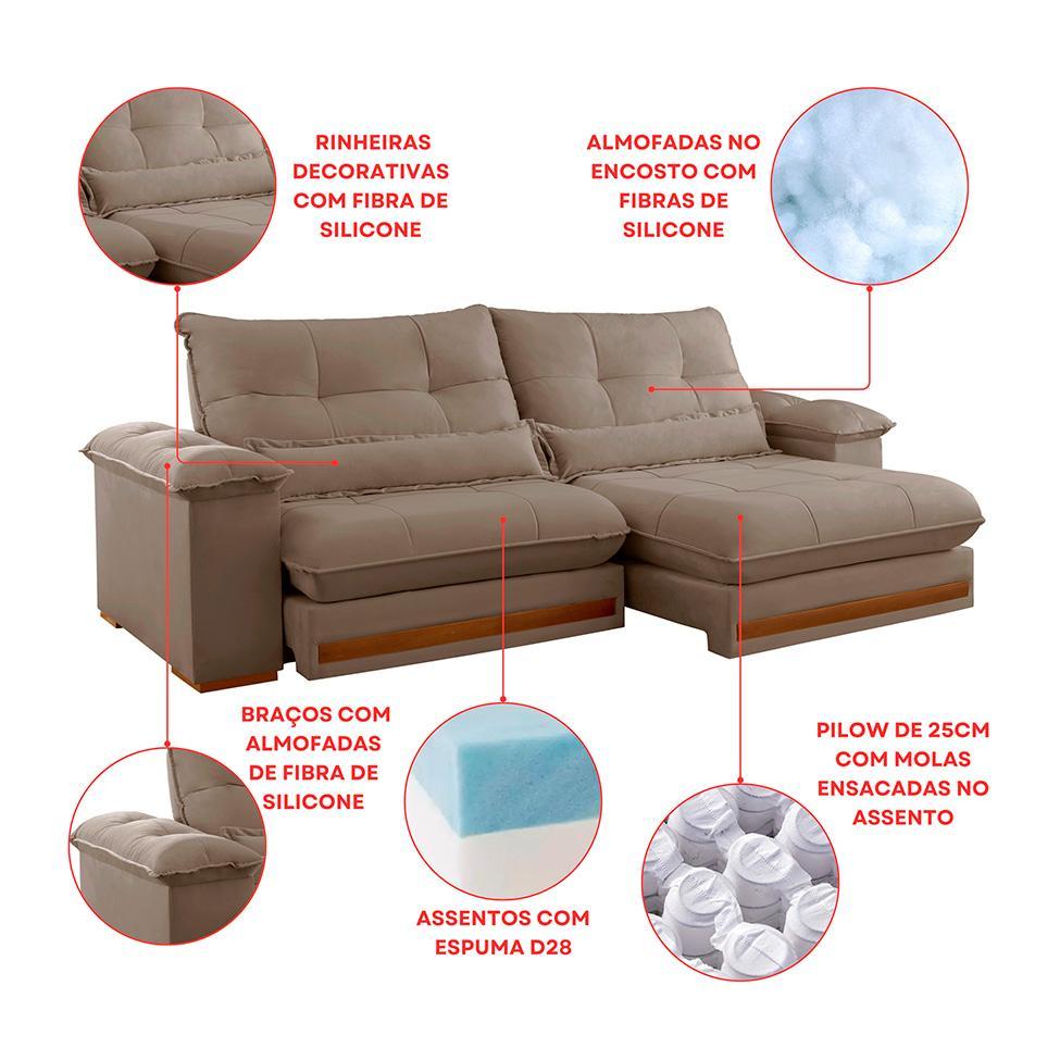 Sofá 4 Lugares Retrátil e Reclinável Qatar Veludo Marrom 280 cm - 7