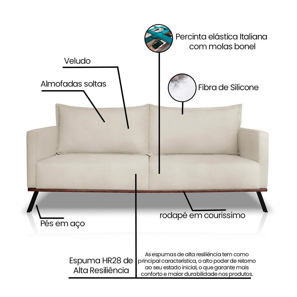 Sofá 3 Lugares Zeus Veludo Bege 220 cm - 8